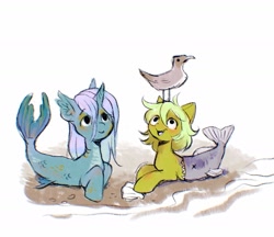 Size: 1958x1693 | Tagged: safe, artist:dearmary, imported from derpibooru, oc, oc only, bird, earth pony, fish, merpony, seagull, unicorn, clothes, costume, seashell, smiling