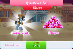 Size: 1267x860 | Tagged: safe, imported from derpibooru, star spur, earth pony, pony, appleloosa resident, background character, background pony, bundle, clothes, costs real money, cowboy hat, english, gameloft, gem, handsome, hat, junior deputy, male, mobile game, my little pony: magic princess, numbers, official, sale, sheriff's badge, solo, stallion, text, vest