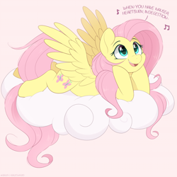 Size: 1200x1200 | Tagged: safe, artist:higgly-chan, imported from derpibooru, fluttershy, pegasus, pony, cloud, cute, dissonant caption, female, lying down, mare, music notes, on a cloud, open mouth, pepto-bismol, pink background, prone, shyabetes, simple background, singing, solo, text
