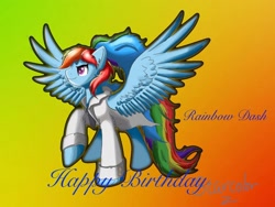 Size: 1440x1080 | Tagged: safe, artist:starcolor, imported from derpibooru, rainbow dash, fanfic:rainbow factory, birthday, fanfic art, gradient background, happy birthday, happy birthday mlp:fim, rainbow factory dash, solo