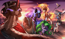 Size: 2478x1487 | Tagged: safe, artist:minekoo2, artist:oyasumineko, imported from derpibooru, cozy glow, daybreaker, descent, king sombra, mane-iac, nightmare moon, nightshade, queen chrysalis, alicorn, changeling, pegasus, pony, unicorn, cloud, female, group shot, male, mare, outdoors, shadowbolts, sky, stallion, sunrise, villains of equestria