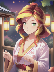 Size: 1020x1360 | Tagged: safe, imported from derpibooru, sunset shimmer, human, equestria girls, ai content, ai generated, architecture, breasts, busty sunset shimmer, cherry blossoms, clothes, female, fence, flower, flower blossom, generator:novelai, generator:stable diffusion, humanized, japanese, kimono (clothing), lamp, lantern, lighting, lips, long hair, looking at you, night, plant, prompter:sammykun, smiling, solo, tree, wood, yukata