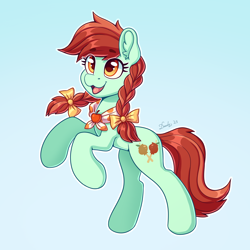 Size: 2480x2480 | Tagged: safe, artist:dandy, imported from derpibooru, candy apples, earth pony, pony, apple, apple family member, bow, braid, braided pigtails, clothes, cute, ear fluff, eye clipping through hair, eyebrows, eyebrows visible through hair, female, food, hair bow, happy, high res, mare, open mouth, pigtails, scarf, simple background, solo
