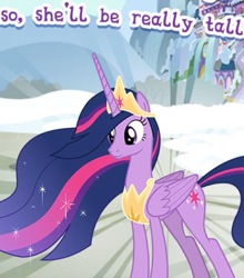 Size: 557x633 | Tagged: safe, imported from derpibooru, twilight sparkle, alicorn, pony, the last problem, cropped, crown, english, ethereal mane, female, folded wings, gameloft, horn, jewelry, mare, meme, my little pony: magic princess, older, older twilight, peytral, princess twilight 2.0, regalia, solo, tall, text, twilight sparkle (alicorn), why, wings, wow! glimmer