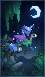 Size: 1430x2440 | Tagged: safe, artist:yakovlev-vad, imported from derpibooru, princess luna, alicorn, butterfly, pony, cliff, crescent moon, female, forest, glowing, glowing horn, horn, lidded eyes, looking right, lying down, magic, mare, moon, reading, s1 luna, scenery, scroll, solo, telekinesis