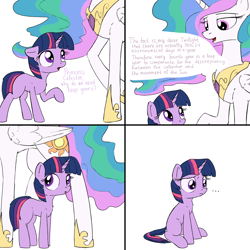 Size: 2000x2000 | Tagged: safe, artist:uteuk, imported from derpibooru, princess celestia, twilight sparkle, alicorn, pony, unicorn, ..., 4 panel comic, blank flank, comic, disappointed, female, filly, filly twilight sparkle, floppy ears, foal, hoof shoes, leap year, looking at each other, looking at someone, simple background, unicorn twilight, walking, white background, younger