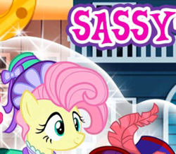 Size: 434x379 | Tagged: safe, imported from derpibooru, fluttershy, pony, clothes, cropped, dress, english, female, gameloft, hat, mare, meme, my little pony: magic princess, sassy, solo, text, wow! glimmer