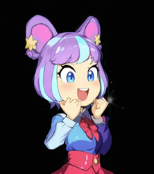 Size: 512x576 | Tagged: safe, editor:luckreza8, imported from derpibooru, supernova zap, human, equestria girls, :d, ai content, ai generated, anime, black background, cute, female, generator:pinegraph, open mouth, open smile, simple background, smiling, solo, su-z, su-z-betes