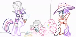 Size: 1993x984 | Tagged: artist needed, safe, imported from derpibooru, pinkie pie, rarity, twilight sparkle, pony, bag, bowler hat, bubble, bubble pipe, deerstalker, detective, detective rarity, food, hat, magnifying glass, mane, pie, pipe, saddle bag, sherlock sparkle, simple background, trio, white background
