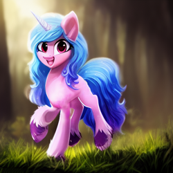 Size: 512x512 | Tagged: safe, imported from derpibooru, izzy moonbow, pony, unicorn, ai content, ai generated, cute, female, forest, g5, grass, izzybetes, looking at you, mare, my little pony: a new generation, open mouth, open smile, raised hoof, smiling, smiling at you, solo, unshorn fetlocks