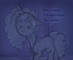 Size: 770x630 | Tagged: safe, anonymous artist, imported from derpibooru, pony, unicorn, series:misty pov, curly mane, dialogue, emaciated, female, floppy ears, g5, jewelry, malnourished, mare, misty brightdawn, necklace, ribs, sad, solo