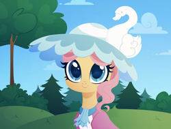 Size: 3000x2270 | Tagged: safe, artist:belka-sempai, imported from derpibooru, swan song, earth pony, pony, bust, female, hat, mare, scenery, smiling, solo