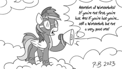 Size: 1200x675 | Tagged: safe, artist:pony-berserker, imported from derpibooru, rainbow dash, pegasus, pony, clothes, cloud, megaphone, monochrome, pony-berserker's twitter sketches, pony-berserker's twitter sketches (2023), solo, uniform, wonderbolts, wonderbolts uniform, yelling