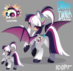 Size: 1525x1500 | Tagged: safe, artist:zombie, imported from derpibooru, oc, oc only, oc:datura dahlia, bat pony, pony, adoptable, bat pony oc, bat wings, fangs, female, looking at you, looking back, tongue out, wings, yellow sclera