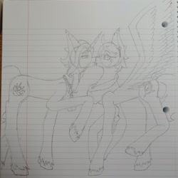 Size: 3120x3120 | Tagged: safe, artist:asiandra dash, imported from derpibooru, pegasus, pony, unicorn, ahoge, clothes, ear piercing, earring, genshin impact, jewelry, kamisato ayato (genshin impact), lined paper, open mouth, pencil drawing, piercing, ponified, raised hoof, scarf, sketch, spread wings, surprised, tartaglia (genshin impact), tongue out, traditional art, unshorn fetlocks, wings