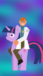 Size: 608x1080 | Tagged: safe, artist:scp explained - story & animation, imported from derpibooru, twilight sparkle, human, pony, unicorn, abstract background, blank stare, crossover, dr. bright, humans riding ponies, looking at you, riding, scp, scp explained, scp foundation, scp-963, smiling, unicorn twilight, youtube link, youtube shorts