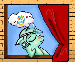 Size: 539x450 | Tagged: safe, artist:katy_moonlight, imported from derpibooru, bon bon, lyra heartstrings, sweetie drops, pony, unicorn, brick wall, curtains, emoji, implied bon bon, implied lesbian, implied lyrabon, implied shipping, solo, thinking, window