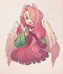 Size: 1653x1958 | Tagged: safe, artist:miss_glowwormis, imported from derpibooru, fluttershy, anthro, pegasus, choker, clothes, draw this in your style, dtiys emoflat, evening gloves, female, fingerless elbow gloves, fingerless gloves, gloves, hair over one eye, hands together, jacket, long gloves, looking at you, mare, skirt, smiling, smiling at you, solo, spiked choker, striped gloves