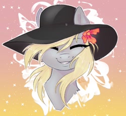 Size: 1374x1272 | Tagged: safe, artist:holomouse, imported from derpibooru, derpy hooves, pegasus, pony, bust, cute, female, flower, flower in hair, gradient background, hat, holomouse is trying to murder us, portrait, smiling, solo, weapons-grade cute