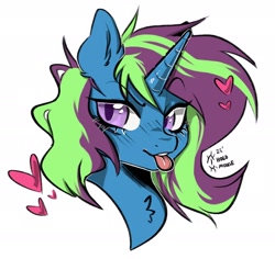 Size: 2048x1930 | Tagged: safe, artist:holomouse, imported from derpibooru, oc, oc only, pony, unicorn, bust, female, heart, horn, mouseholo, simple background, solo, tongue out, unicorn oc, white background