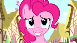 Size: 1280x720 | Tagged: safe, imported from derpibooru, screencap, pinkie pie, earth pony, pony, pinkie pride, season 4, cute, diapinkes, fake smile, female, grin, heart, mare, smiling, solo