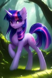 Size: 512x768 | Tagged: safe, imported from derpibooru, twilight sparkle, pony, unicorn, ai content, ai generated, alternate hairstyle, concave belly, depth of field, double mane, ear fluff, female, forest, forest background, looking at you, mare, raised hoof, solo, unicorn twilight