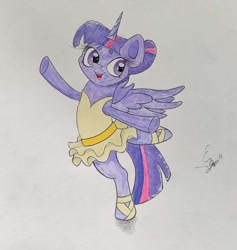 Size: 1403x1481 | Tagged: safe, artist:engi, imported from derpibooru, twilight sparkle, alicorn, pony, ballerina, clothes, costume, female, happy, open mouth, simple background, solo, spread wings, traditional art, tutu, twilarina, twilight sparkle (alicorn), watercolor painting, wings