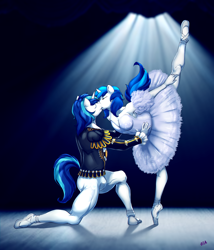 Size: 3000x3500 | Tagged: safe, artist:mazinga669, imported from ponybooru, shining armor, oc, oc:feathertrap, anthro, plantigrade anthro, pony, unicorn, ballerina, ballet, canon x oc, clothes, commission, crossdressing, dancing, frilly, gay, kissing, kissing on stage, male, males only, performance, prince, simple background, spotlight, stage, stallion, stallions only, swan lake, tights, traditional art, tutu