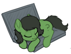 Size: 1014x763 | Tagged: safe, artist:smoldix, edit, imported from twibooru, oc, oc only, oc:filly anon, pony, behaving like a cat, colored, colored sketch, computer, cute, eyes closed, female, filly, image, laptop computer, png, simple background, sleeping, solo, white background