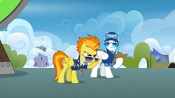 Size: 2160x1207 | Tagged: safe, imported from derpibooru, screencap, spitfire, pegasus, pony, wonderbolts academy, clipboard, clothes, cloud, dizzitron, drill sergeant, duo, duo male and female, female, male, mare, necktie, spitfire's whistle, stallion, sunglasses, uniform, whistle, whistle necklace, wonderbolts dress uniform