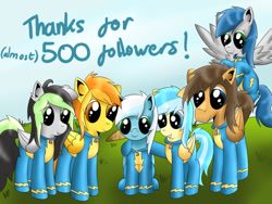 Size: 540x405 | Tagged: safe, artist:ask-fleetfoot, imported from derpibooru, fleetfoot, misty fly, spitfire, oc, oc:bree jetpaw, oc:firenze, oc:silver dazzle, pegasus, pony, clothes, quadrupedal, uniform, wonderbolts uniform