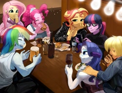 Size: 3636x2762 | Tagged: safe, artist:aztrial, imported from derpibooru, applejack, fluttershy, pinkie pie, rainbow dash, rarity, sci-twi, sunset shimmer, twilight sparkle, human, equestria girls, adult, alcohol, alternate hairstyle, beer, blushing, burger, cellphone, clothes, denim, drinking, ear piercing, earring, eating, eyebrow piercing, eyes closed, eyeshadow, female, food, freckles, french fries, glass, glasses, grin, happy, hoodie, humane five, humane seven, humane six, ice cube, jacket, jeans, jewelry, leather, leather jacket, lesbian, makeup, nail polish, older, older applejack, older fluttershy, older humane five, older humane seven, older humane six, older pinkie pie, older rainbow dash, older rarity, older twilight, open mouth, overalls, pants, phone, piercing, rarijack, salad, shipping, shirt, smartphone, smiling, soda, sweater, table, tanktop, water, water bottle, wine, wine glass