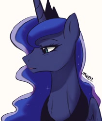 Size: 863x1024 | Tagged: safe, artist:maren, imported from derpibooru, princess luna, alicorn, pony, bust, colored, doodle, female, frown, monochrome, open mouth, peytral, signature, simple background, solo, sternocleidomastoid, white background