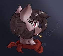 Size: 1860x1668 | Tagged: safe, artist:reddthebat, imported from derpibooru, oc, oc only, oc:number nine, earth pony, pony, bust, cigarette, female, gradient background, hair bun, lidded eyes, looking at you, looking back, looking back at you, mare, mouth hold, neckerchief, smoking, solo