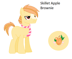 Size: 587x484 | Tagged: safe, artist:panquecadoptables, artist:selenaede, imported from derpibooru, oc, oc only, oc:skillet apple brownie, earth pony, pony, base used, blaze (coat marking), clothes, coat markings, cutie mark, earth pony oc, facial markings, frown, lidded eyes, male, name, offspring, parent:big macintosh, parent:fluttershy, parents:fluttermac, scarf, simple background, solo, stallion, striped scarf, white background