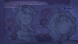 Size: 1202x677 | Tagged: safe, anonymous artist, imported from derpibooru, earth pony, pony, unicorn, series:misty pov, bouquet, bouquet of flowers, clothes, cornrows, dahlia, dialogue, duo, ears back, english, eye clipping through hair, eyebrows, eyebrows visible through hair, flower, flower in hair, food, g5, jewelry, limited palette, looking at each other, looking at someone, misty brightdawn, muffin, necklace, scarf, sketch, steam, tray, unshorn fetlocks, vendor, vendor stall