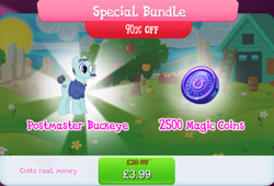 Size: 1264x861 | Tagged: safe, imported from derpibooru, earth pony, pony, bundle, clothes, costs real money, english, facial hair, gameloft, glasses, magic coins, male, mobile game, moustache, my little pony: magic princess, numbers, official, postmaster buckeye, sale, shirt, solo, stallion, text