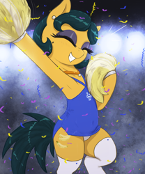 Size: 2500x3000 | Tagged: safe, artist:t72b, imported from derpibooru, cleopatra jazz, earth pony, pony, art pack:cheerleader art pack, alternate clothes, bipedal, cheerleader, clothes, confetti, dress, ear piercing, earring, eyes closed, female, grin, jewelry, necklace, panties, piercing, pom pom, raised hoof, side slit, smiling, socks, solo, stockings, thigh highs, underwear