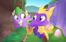 Size: 1111x719 | Tagged: safe, imported from derpibooru, spike, dragon, dragonfly, fly, insect, crossover, flying, spyro the dragon, spyro the dragon (series), video game crossover