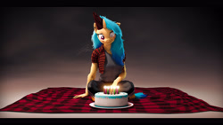 Size: 3840x2160 | Tagged: safe, artist:imafutureguitarhero, imported from derpibooru, oc, oc only, oc:flight check, anthro, unguligrade anthro, unicorn, 3d, 4k, adidas, arm fluff, birthday, birthday cake, black bars, blanket, blind eye, button-up shirt, cake, candle, cheek fluff, chin fluff, chromatic aberration, clothes, colored eyebrows, commission, crossed legs, ear fluff, ear piercing, earring, eye scar, facial scar, female, film grain, floppy ears, fluffy, fluffy hair, fluffy mane, fluffy tail, food, fur, hat, high res, horn, jewelry, looking at something, mare, nexgen, nose wrinkle, one ear down, open clothes, open shirt, pants, party hat, piercing, plaid, plaid shirt, plate, scar, shirt, signature, sitting, smiling, solo, source filmmaker, tail, tanktop, trackpants, wall of tags