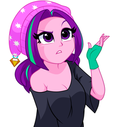 Size: 821x920 | Tagged: safe, artist:rosemile mulberry, imported from derpibooru, aria blaze, human, equestria girls, beanie, breasts, cleavage, clothes, female, fingerless gloves, gem, gloves, hat, looking up, off shoulder, revised, simple background, solo, updated design, white background