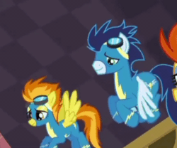 Size: 600x500 | Tagged: safe, imported from derpibooru, screencap, soarin', spitfire, stormy flare, pegasus, pony, rarity investigates, animated, clothes, eye contact, female, gif, looking at each other, looking at someone, male, mare, photo, stallion, trio, uniform, wonderbolts, wonderbolts uniform