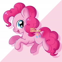 Size: 2700x2700 | Tagged: safe, artist:edgyanimator, derpibooru exclusive, imported from derpibooru, part of a set, pinkie pie, earth pony, pony, :d, blue eyes, cel shading, chibi, colored lineart, eyelashes, female, firealpaca, full body, happy, looking right, looking sideways, mare, open mouth, open smile, pink, pink background, pink coat, pink fur, pink hair, pink mane, pink tail, profile, raised hooves, shading, signature, simple, simple background, simple shading, smiling, solo, tail