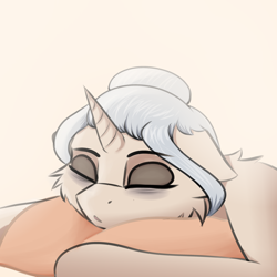 Size: 3500x3500 | Tagged: safe, artist:fuwa, imported from derpibooru, oc, oc only, oc:frosty healing, pony, unicorn, art, bed, black eye, eyes closed, female, horn, hug, mare, milf, pillow, pillow hug, simple background, sleeping, solo, tired, tired eyes, unicorn oc