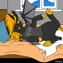Size: 1280x1280 | Tagged: safe, artist:terminalhash, imported from derpibooru, oc, oc:ravery, oc:ravery kadogan, demon, demon pony, pony, bed, clothes, lazy, mlem, silly, solo, tongue out