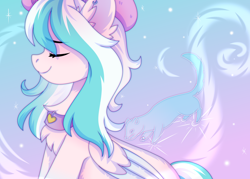 Size: 3500x2500 | Tagged: safe, artist:fluffywhirlpool, imported from derpibooru, oc, oc only, oc:foxyhollows, pegasus, pony, bust, chest fluff, collar, commission, ear fluff, eyebrows, eyebrows visible through hair, eyes closed, female, folded wings, gradient background, hat, mare, patronus, pegasus oc, profile, smiling, solo, two toned mane, wings, ych result