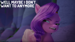 Size: 2000x1125 | Tagged: safe, edit, edited screencap, editor:quoterific, imported from derpibooru, screencap, pipp petals, pegasus, pony, spoiler:my little pony: make your mark, spoiler:my little pony: make your mark chapter 2, spoiler:myms01e03, angry, cave, diadem, dialogue, female, g5, headband, implied zipp storm, jewelry, looking back, mare, my little pony: make your mark, my little pony: make your mark chapter 2, one ear down, open mouth, pipp petals is not amused, portrait of a princess, reaction image, regalia, solo, unamused