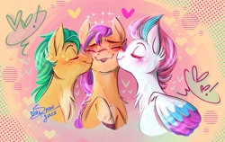 Size: 2647x1674 | Tagged: safe, artist:jazzy_snowflake, imported from derpibooru, hitch trailblazer, sunny starscout, zipp storm, earth pony, pegasus, pony, bisexual, bisexual female, bisexual sandwich, cheek kiss, female, g5, heart, kiss sandwich, kissing, lesbian, male, mare, shipping, signature, stallion, straight, sunnyhitch, sunnyzipp, trio