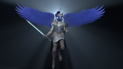 Size: 3840x2160 | Tagged: safe, artist:fireemerald123, imported from derpibooru, princess luna, alicorn, anthro, 3d, armor, female, realistic wings, solo, source filmmaker, spread wings, sword, sæla, watermark, weapon, wings