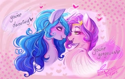 Size: 2647x1674 | Tagged: safe, artist:jazzy_snowflake, imported from derpibooru, izzy moonbow, pipp petals, pegasus, pony, unicorn, boop, chest fluff, diadem, dialogue, duo, female, floating heart, g5, glowing, glowing horn, heart, horn, izzypipp, lesbian, looking at each other, looking at someone, mare, noseboop, pink background, screentone, shipping, signature, simple background, sparkles, speech bubble